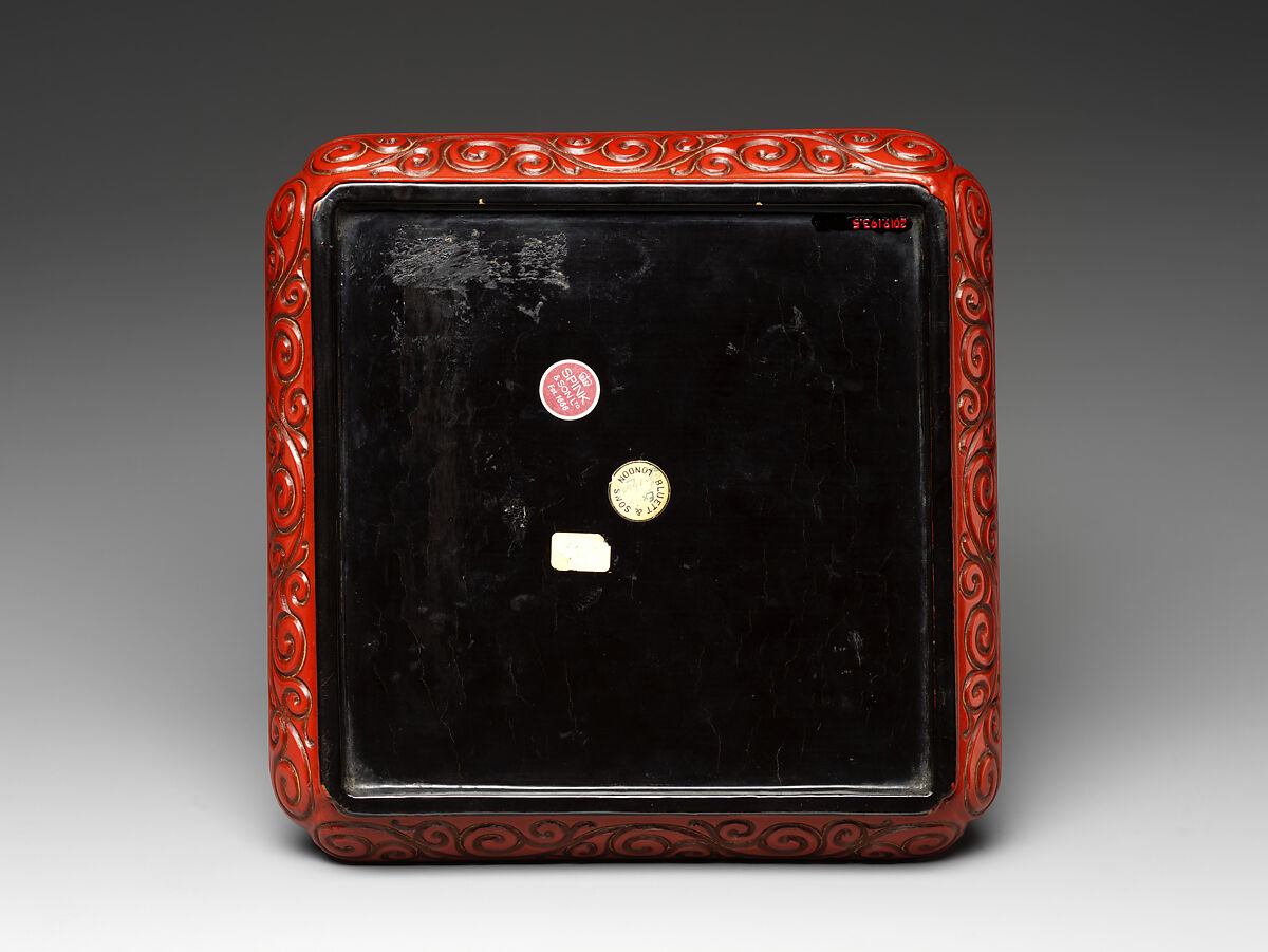 Square dish with figures in a garden, Carved red lacquer, China