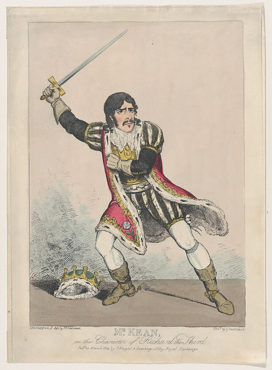Mr. Kean in the Character of Richard the Third, George Cruikshank (British, London 1792–1878 London), Etching, hand-colored 