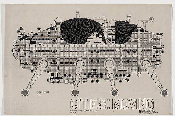 Cities: Moving, Master Vehicle-Habitation Project, Aerial Perspective, Ron Herron (British, 1930–1994), Ink and graphite on tracing paper 