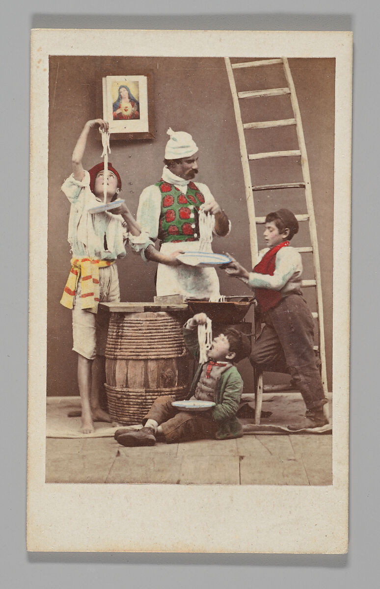 [Studio Portrait: Cook and Three Children with Pasta, Naples], Giorgio Conrad (Italian (born Switzerland), 1827–1889), Albumen silver print with applied color 