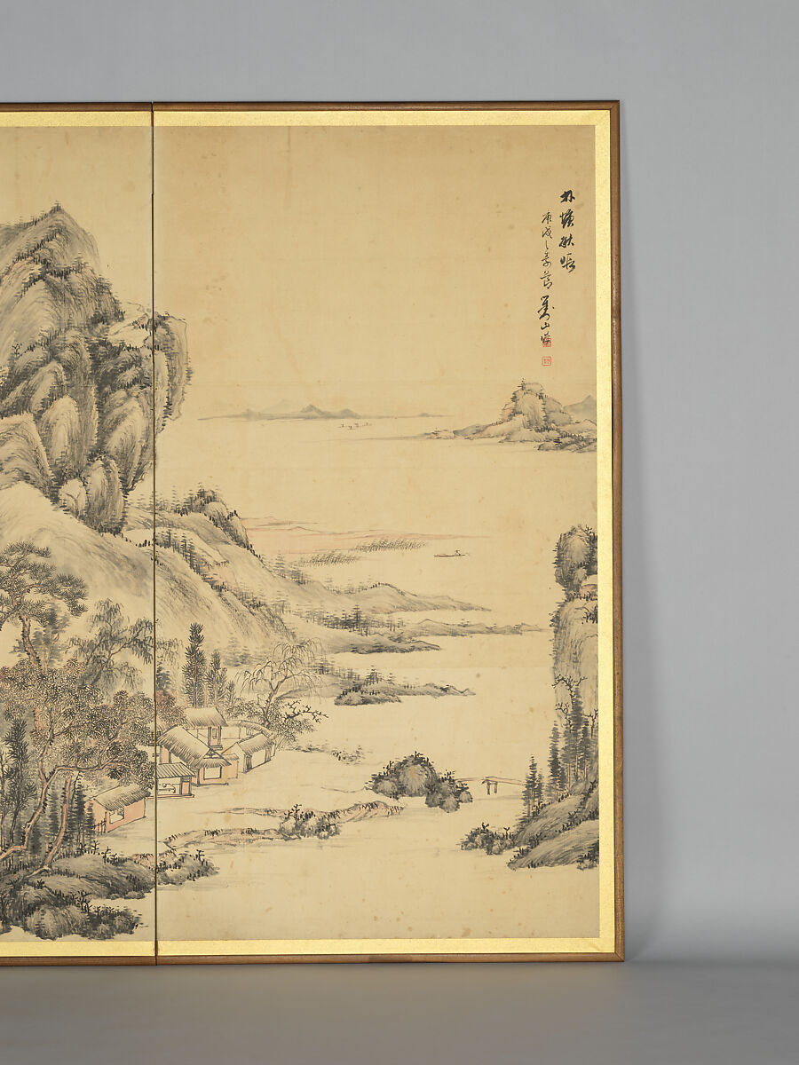 “At leisure in a lakeside grove in autumn”, Hine Taizan (Japanese, 1813–1869), Two-panel folding screen, Japan