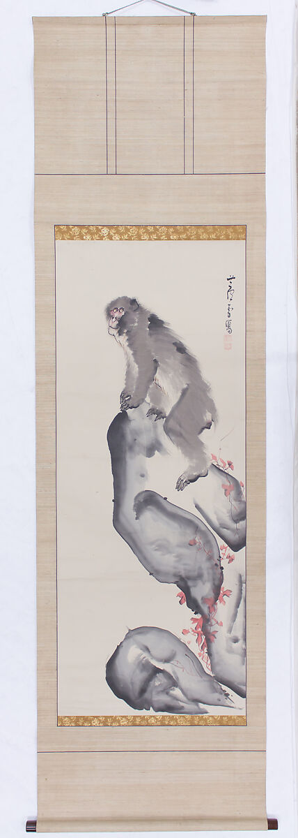 Monkey on a Rock; Monkey Trainer with Chinese Children and Puppy, Nagasawa Rosetsu (Japanese, 1754–1799), Pair of hanging scrolls; ink and color on paper, Japan