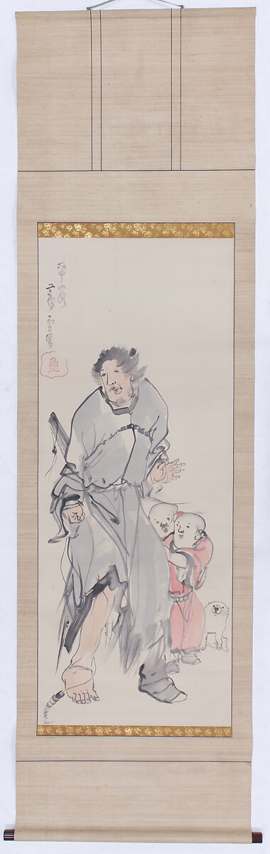 Monkey on a Rock; Monkey Trainer with Chinese Children and Puppy, Nagasawa Rosetsu (Japanese, 1754–1799), Pair of hanging scrolls; ink and color on paper, Japan