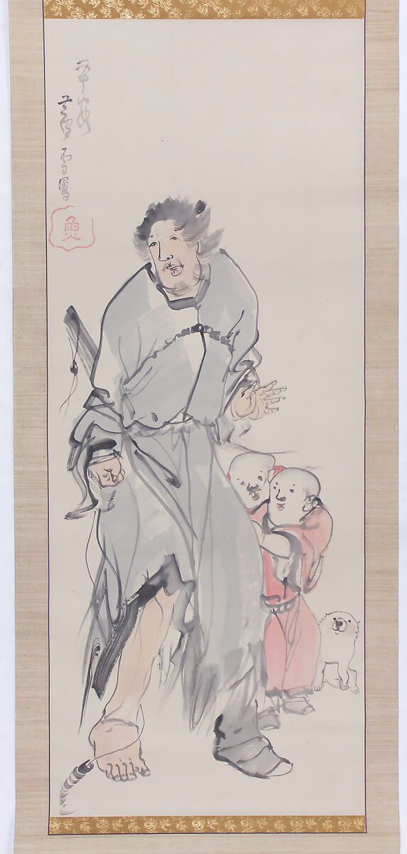 Monkey on a Rock; Monkey Trainer with Chinese Children and Puppy, Nagasawa Rosetsu (Japanese, 1754–1799), Pair of hanging scrolls; ink and color on paper, Japan