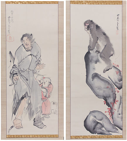 Monkey on a Rock; Monkey Trainer with Chinese Children and Puppy, Nagasawa Rosetsu (Japanese, 1754–1799), Pair of hanging scrolls; ink and color on paper, Japan 