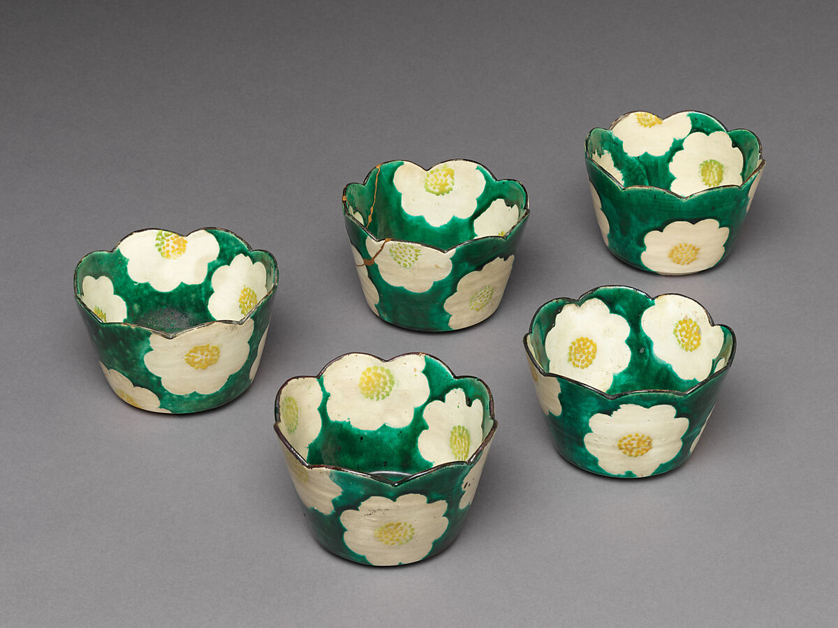Set of Five Camellia-Shaped Side Dishes (Mukōzuke) with Camellia Patterns, Workshop of Ogata Kenzan (Japanese, 1663–1743), Stoneware with white slip and polychrome overglaze enamels (Kenzan ware), Japan 