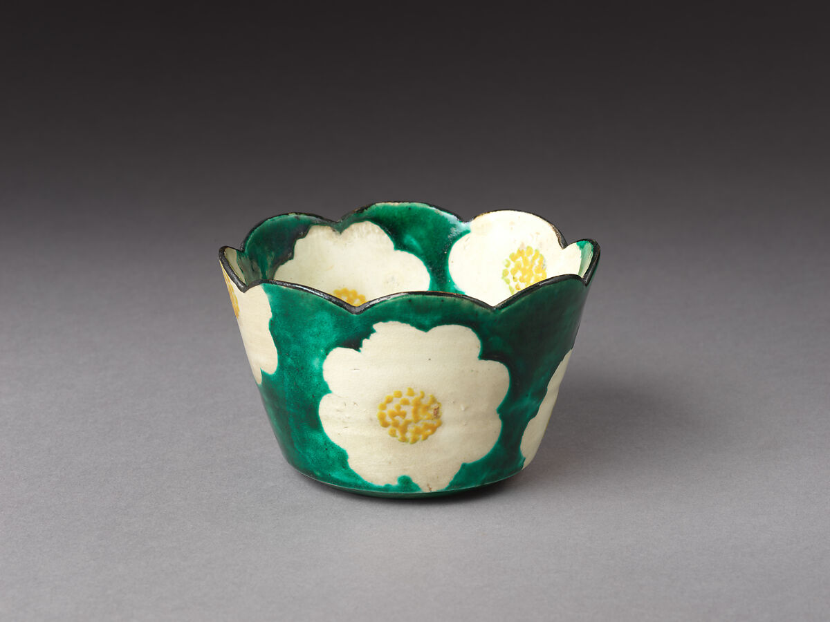 Set of Five Camellia-Shaped Side Dishes (Mukōzuke) with Camellia Patterns, Workshop of Ogata Kenzan (Japanese, 1663–1743), Stoneware with white slip under and polychrome enamels over transparent glaze (Kyoto, Kenzan ware), Japan