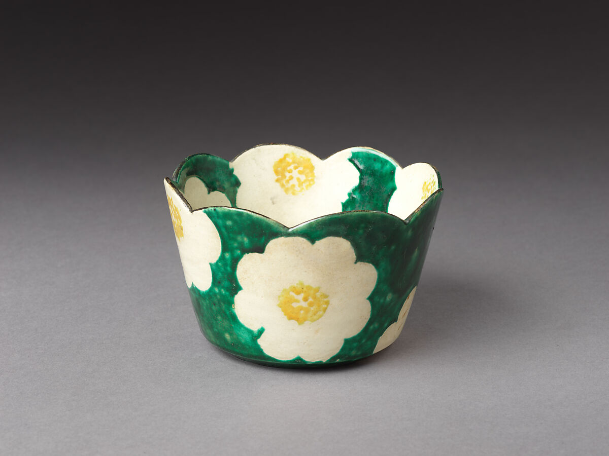 Set of Five Camellia-Shaped Side Dishes (Mukōzuke) with Camellia Patterns, Workshop of Ogata Kenzan (Japanese, 1663–1743), Stoneware with white slip under and polychrome enamels over transparent glaze (Kyoto, Kenzan ware), Japan