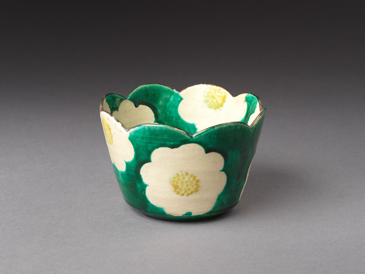 Set of Five Camellia-Shaped Side Dishes (Mukōzuke) with Camellia Patterns, Workshop of Ogata Kenzan (Japanese, 1663–1743), Stoneware with white slip under and polychrome enamels over transparent glaze (Kyoto, Kenzan ware), Japan