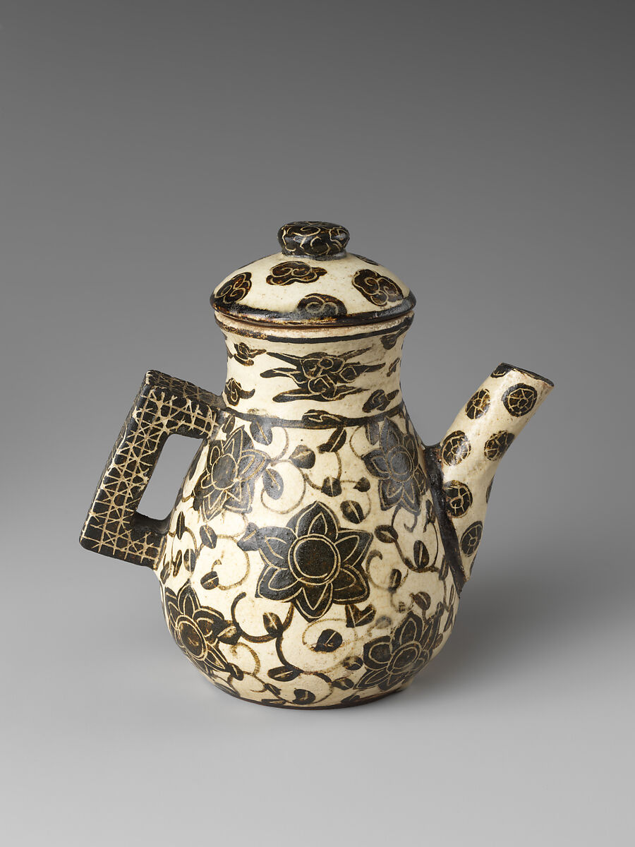 Spouted pouring vessel, Ogata Kenzan (Japanese, 1663–1743), Earthenware with underglaze-iron, Japan 