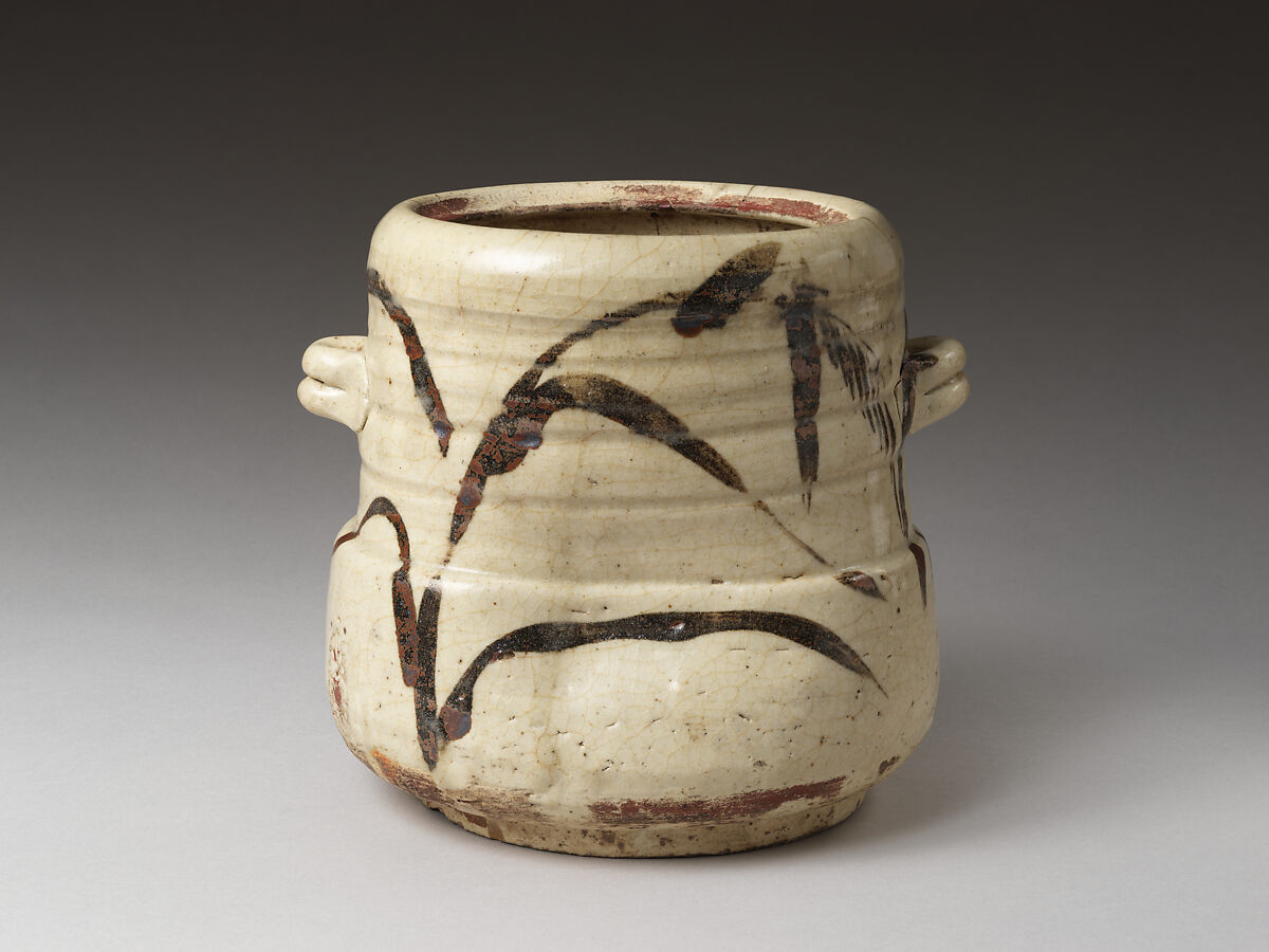 Water jar (Mizusashi) with autumn grasses, Earthenware with Shino/Oribe glaze, Japan