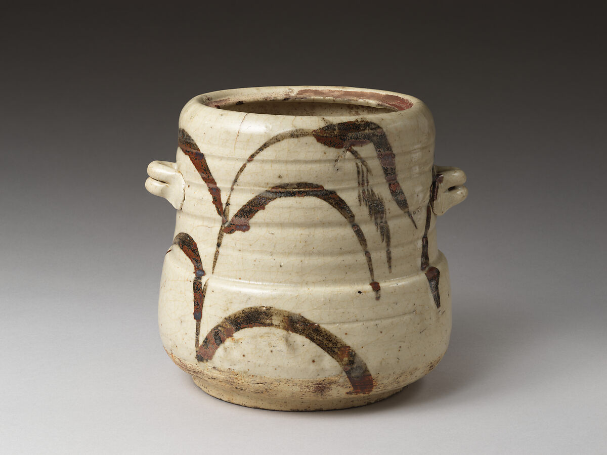 Water jar (Mizusashi) with autumn grasses, Earthenware with Shino/Oribe glaze, Japan 