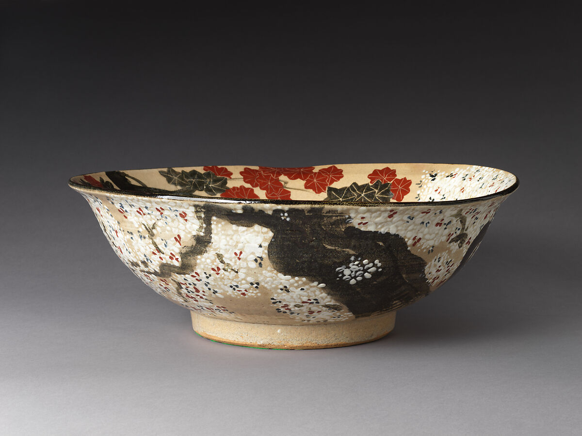 Large Bowl with Cherry Blossoms and Maple Leaves, Takahashi Dōhachi III (Japanese, 1811–1879), Stoneware with underglaze iron, white slip, and polychrome overglaze enamels (Kyoto ware), Japan