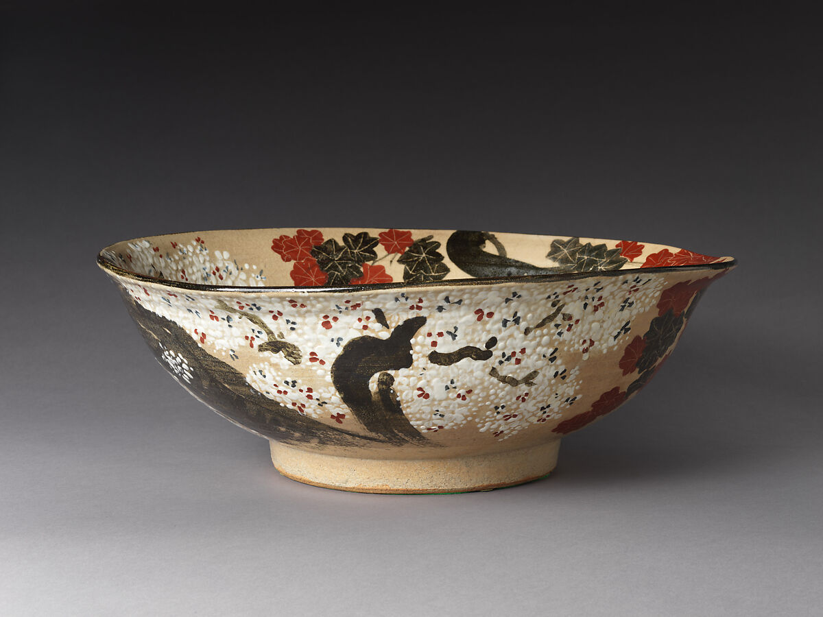 Large Bowl with Cherry Blossoms and Maple Leaves, Takahashi Dōhachi III (Japanese, 1811–1879), Stoneware with underglaze iron, white slip, and polychrome overglaze enamels (Kyoto ware), Japan