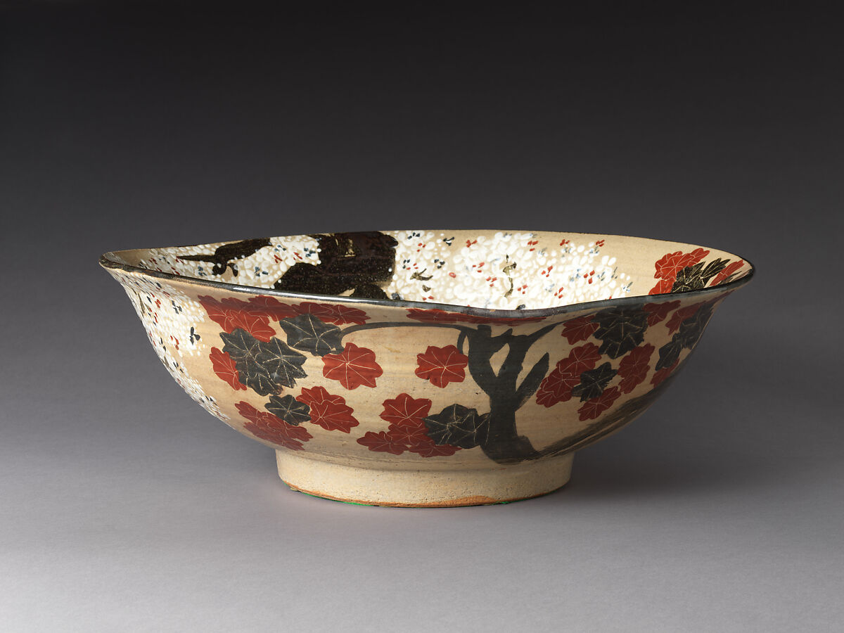 Large Bowl with Cherry Blossoms and Maple Leaves, Takahashi Dōhachi III (Japanese, 1811–1879), Stoneware with underglaze iron, white slip, and polychrome overglaze enamels (Kyoto ware), Japan