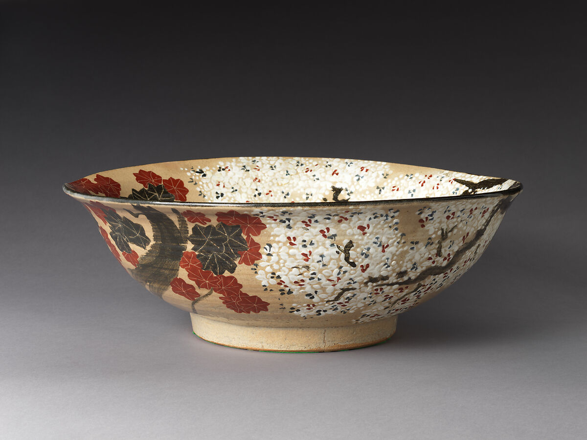 Large Bowl with Cherry Blossoms and Maple Leaves, Takahashi Dōhachi III (Japanese, 1811–1879), Stoneware with underglaze iron, white slip, and polychrome overglaze enamels (Kyoto ware), Japan