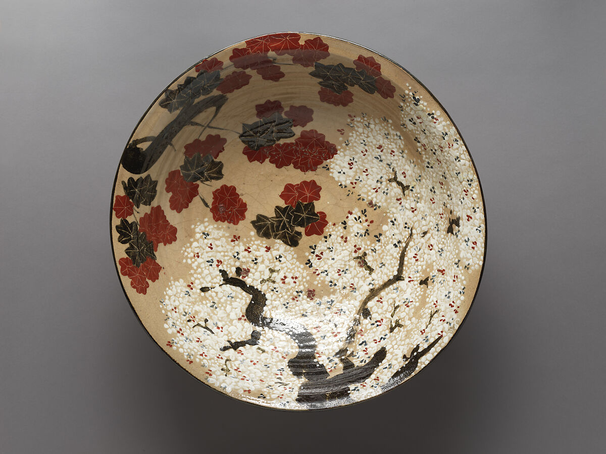 Large Bowl with Cherry Blossoms and Maple Leaves, Takahashi Dōhachi III (Japanese, 1811–1879), Stoneware with underglaze iron, white slip, and polychrome overglaze enamels (Kyoto ware), Japan 