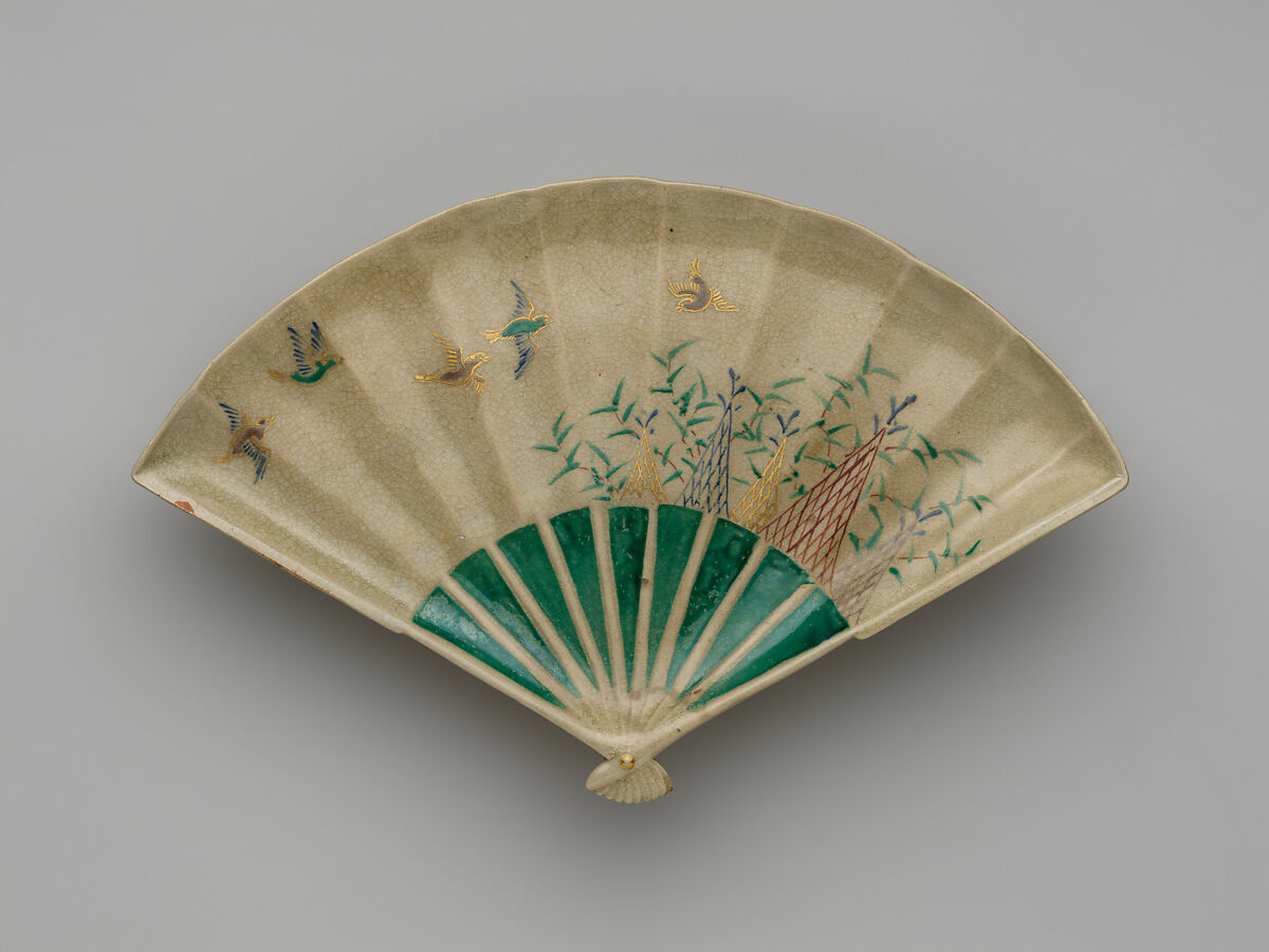 Set of three dishes in the shape of  fans, Earthenware with polychrome glaze (Ko-Kiyomizu ware), Japan