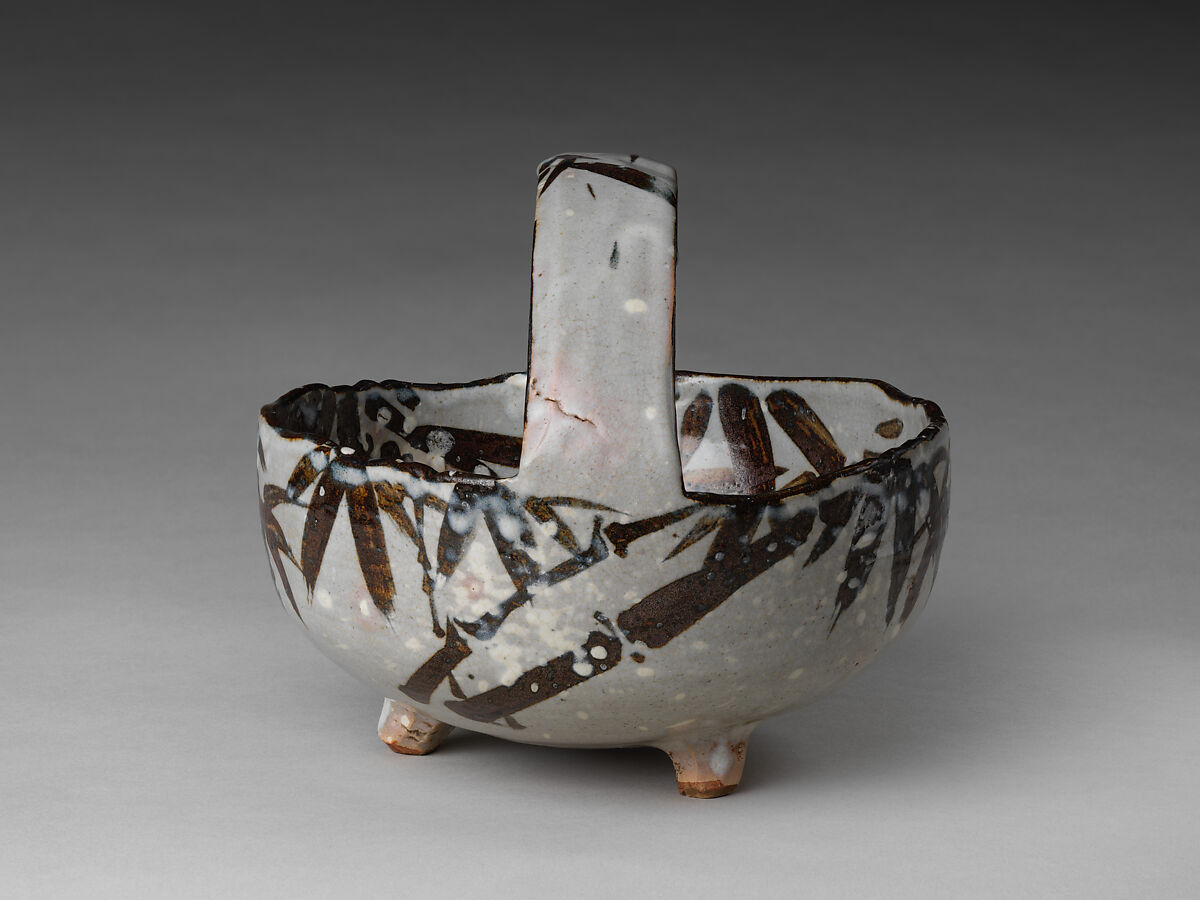 Bowl with Handle (Tebachi) with Bamboo in Snow Pattern, Style of Nin'ami Dōhachi (Takahashi Dōhachi II) (Japanese, 1783–1855), Stoneware with underglaze iron oxide, white slip, and transparent overglaze (Kyoto ware), Japan