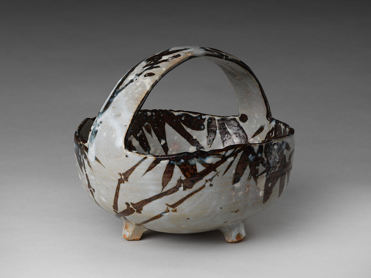 Bowl with Handle (Tebachi) with Bamboo in Snow Pattern, Nin'ami Dōhachi (Takahashi Dōhachi II)  Japanese, Stoneware with underglaze iron oxide, white slip, and transparent overglaze (Kyoto ware), Japan