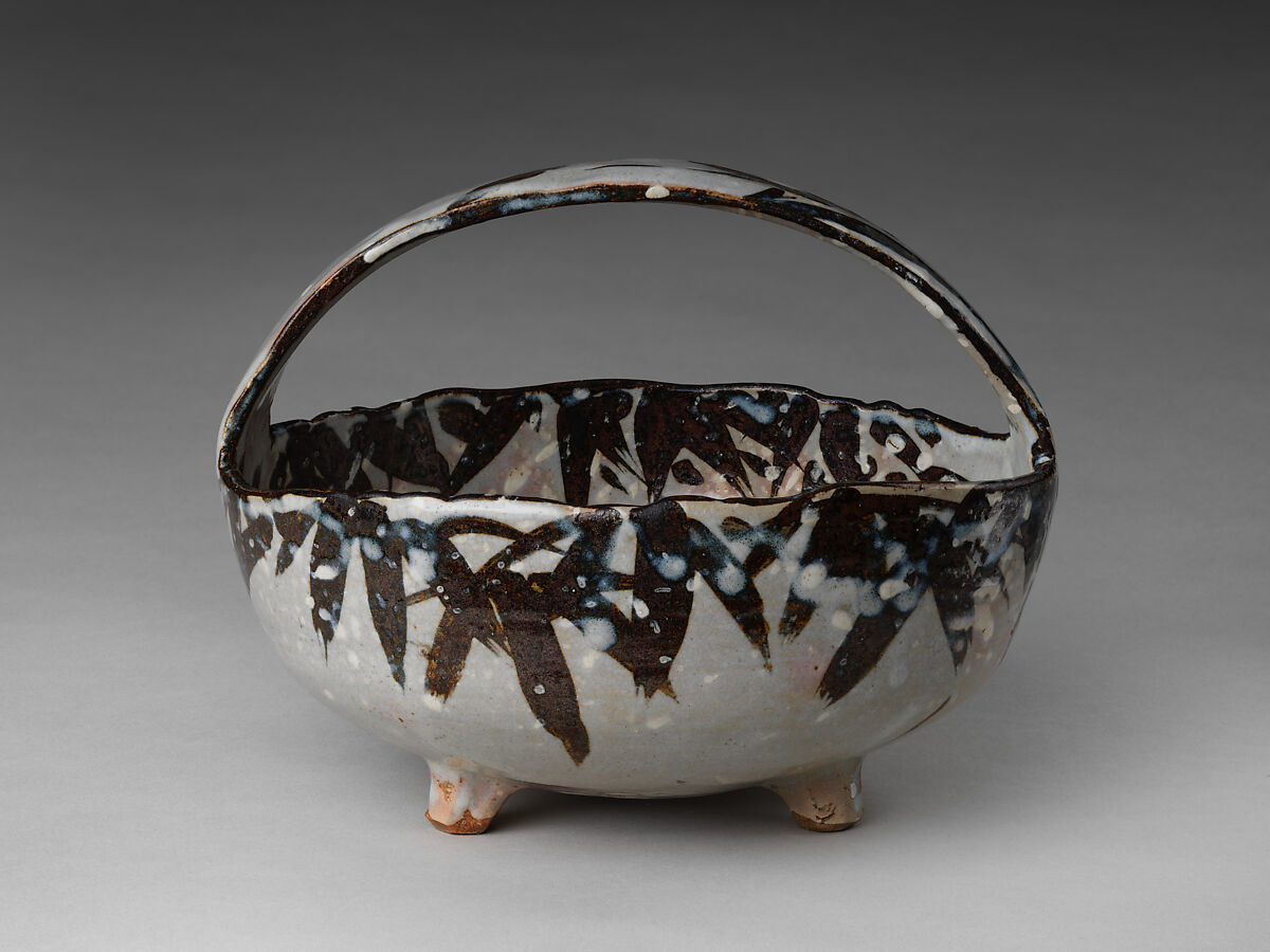 Bowl with Handle (Tebachi) with Bamboo in Snow Pattern, Style of Nin'ami Dōhachi (Takahashi Dōhachi II) (Japanese, 1783–1855), Stoneware with underglaze iron oxide, white slip, and transparent overglaze (Kyoto ware), Japan