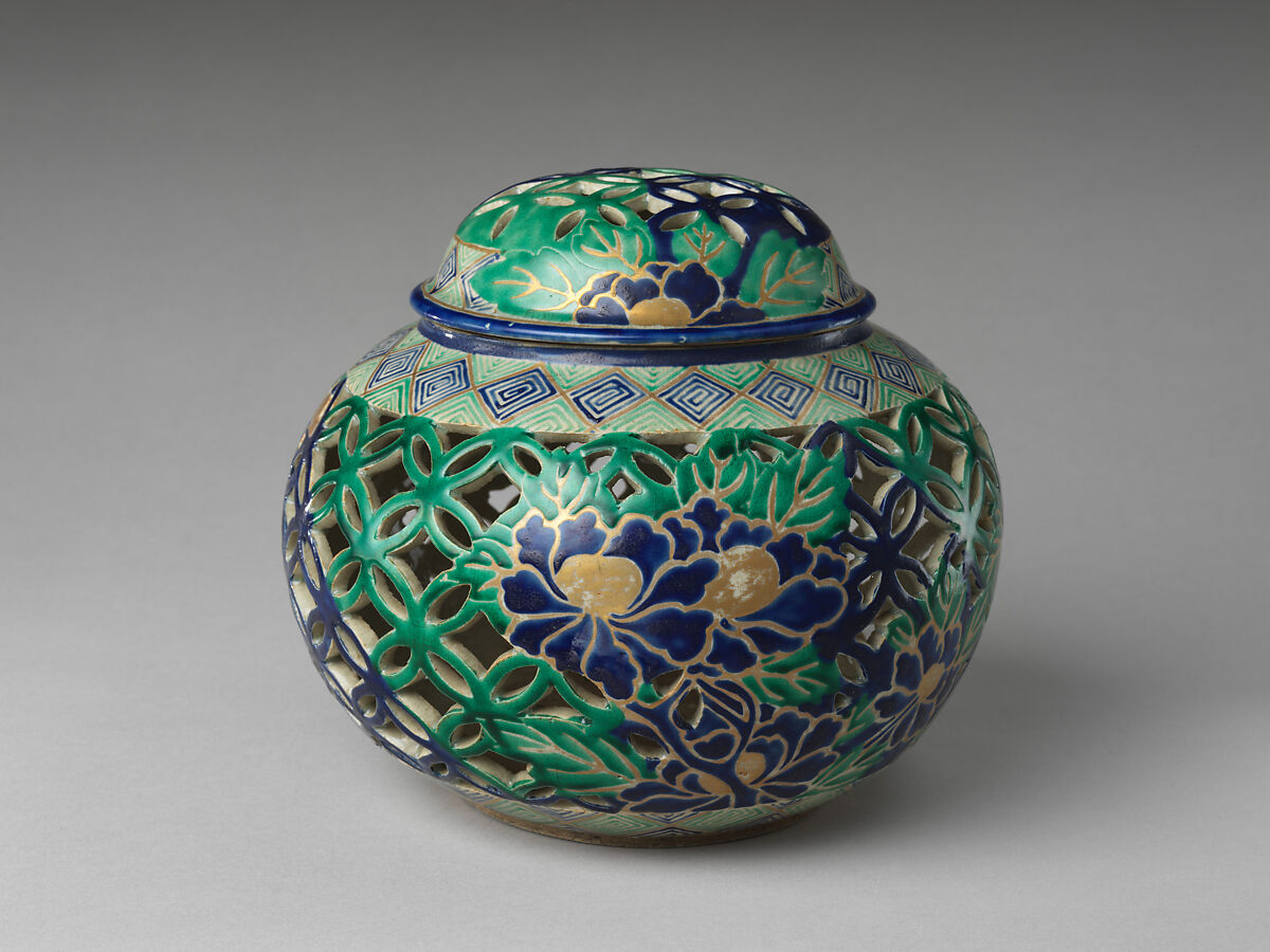 Incense burner with pierced design, Stoneware with overglaze enamels  (Ko-Kiyomizu ware), Japan 