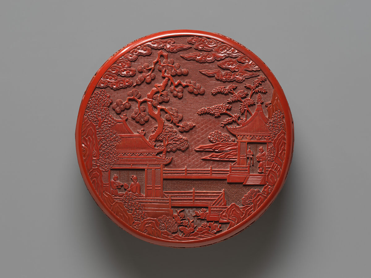 Covered box with figures in a garden, Carved red lacquer, China