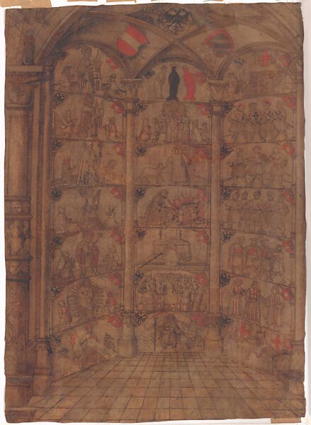 Design for the Crypt of Maximilian I, Pen and ink and tempera on parchment, South German 
