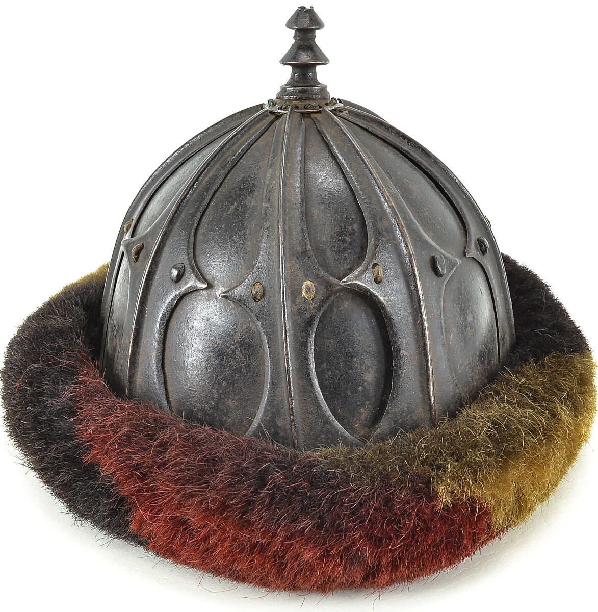 Sixteen-Plate Helmet, Iron, hair (yak), leather, Tibetan 