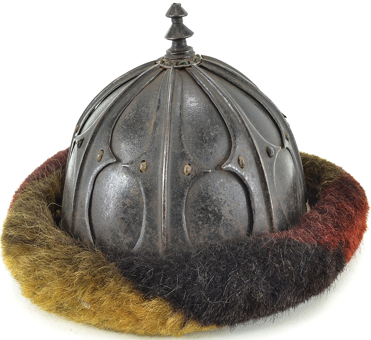 Sixteen-Plate Helmet, Iron, hair (yak), leather, Tibetan
