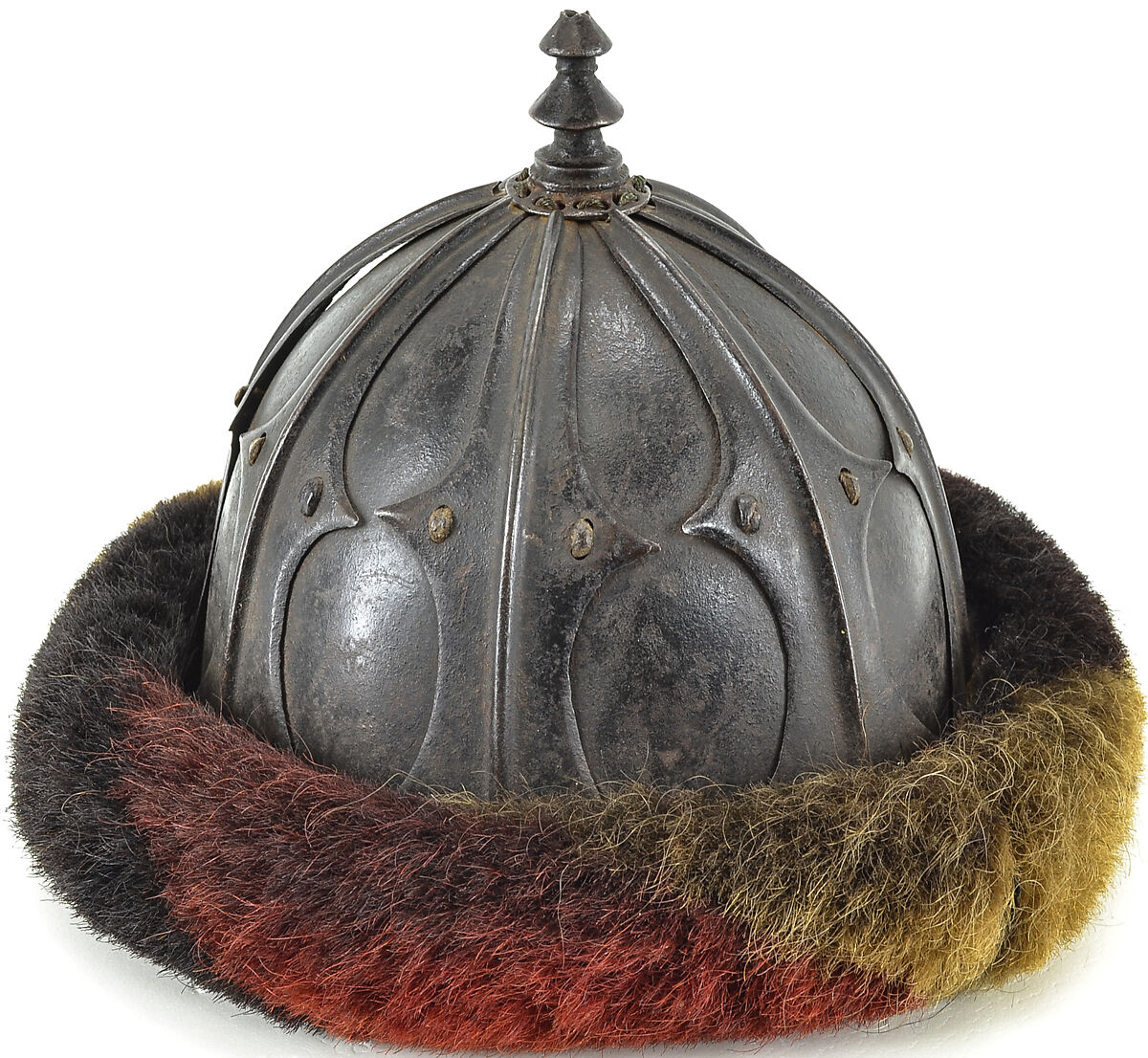 Sixteen-Plate Helmet, Iron, hair (yak), leather, Tibetan
