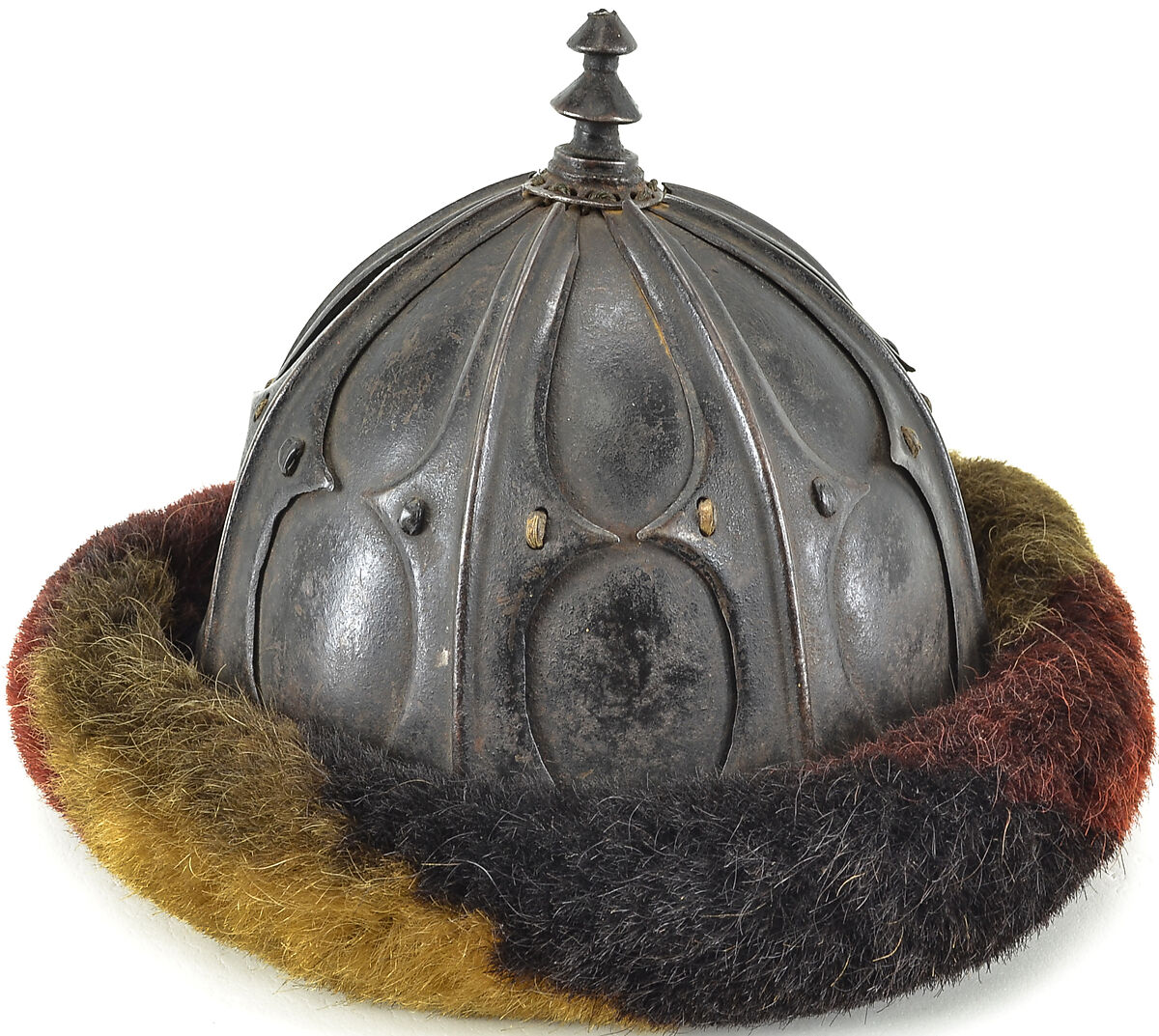Sixteen-Plate Helmet, Iron, hair (yak), leather, Tibetan