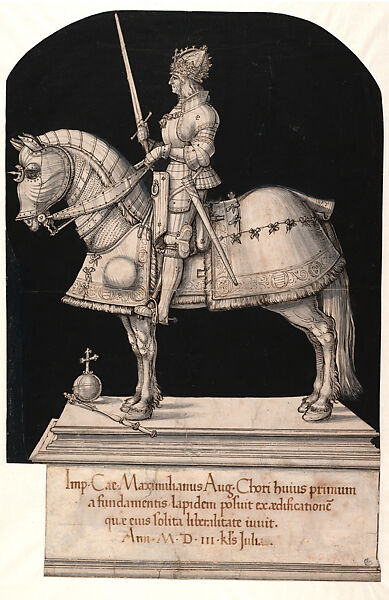 Design for an Equestrian Monument of Emperor Maximilian I, Hans Burgkmair (German, Augsburg 1473–1531 Augsburg), Pen in brown-black and gray wash on paper, South German, Augsburg 