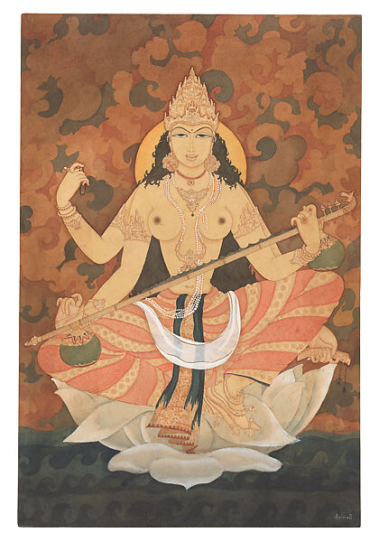 Saraswati, Goddess of Learning and Music, Y. G. Srimati (Indian, 1926–2007), Watercolor on paper, India (Chennai) 