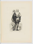A man and woman viewed from behind, he holds a cape and a broad-rimmed hat