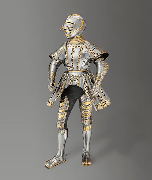 Ceremonial Armor of Charles V, Conrad Seusenhofer (Austrian, Innsbruck, died 1517), Steel, silver, gold, copper alloy, textile, leather, Austrian, Innsbruck; and South German, Augsburg 
