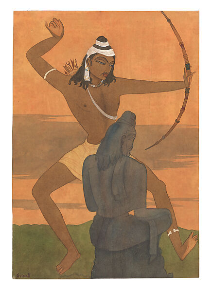 Eklavya Practicing Archery before an Icon of Dronacharya, Y. G. Srimati (Indian, 1926–2007), Watercolor on paper, India (Chennai) 