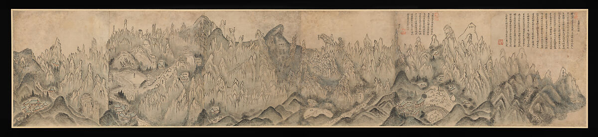 General View of Inner Geumgang, Sin Hak-gwon (artist name: Doam)  Korean, Six sheets of paper mounted as a single panel; ink and light color on paper, Korea