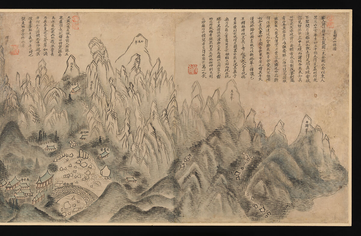General View of Inner Geumgang, Sin Hak-gwon (artist name: Doam) (Korean, 1785–1866), Six sheets of paper mounted as a single panel; ink and light color on paper, Korea