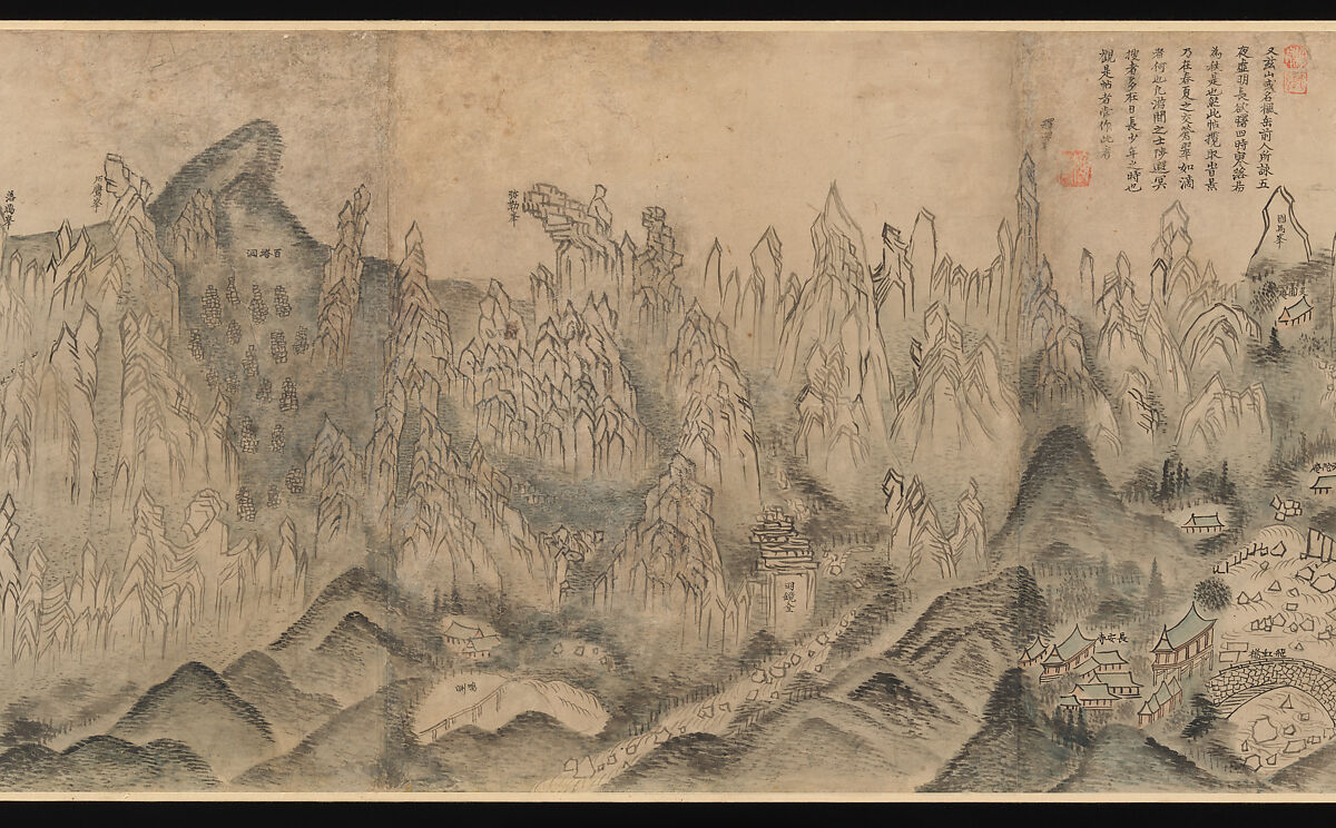 General View of Inner Geumgang, Sin Hak-gwon (artist name: Doam) (Korean, 1785–1866), Six sheets of paper mounted as a single panel; ink and light color on paper, Korea