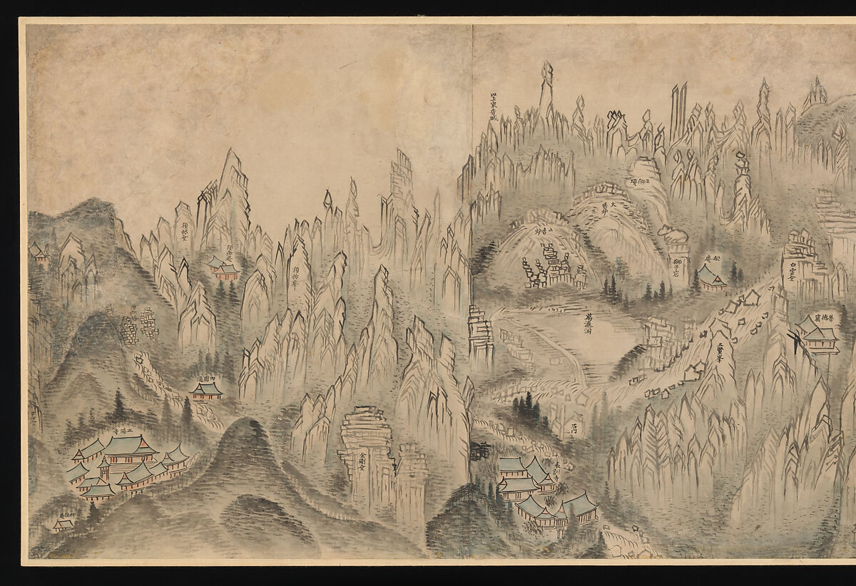 General View of Inner Geumgang, Sin Hak-gwon (artist name: Doam) (Korean, 1785–1866), Six sheets of paper mounted as a single panel; ink and light color on paper, Korea