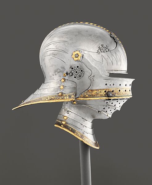 Combination Sallet and Bevor of Maximilian I, Lorenz Helmschmid (German, Augsburg, ca. 1445–1516), Steel, leather, copper alloy, gold, South German, Augsburg 