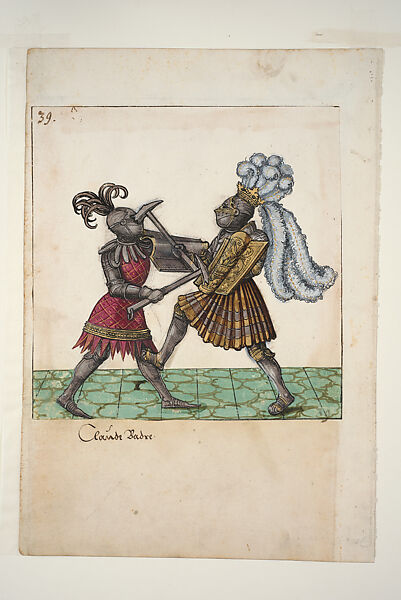 Foot Combat Between Claude de Vaudrey and Freydal, Miniature from Freydal, Gouache with gold and silver highlights over pen, pencil, and lead point on paper, South German 