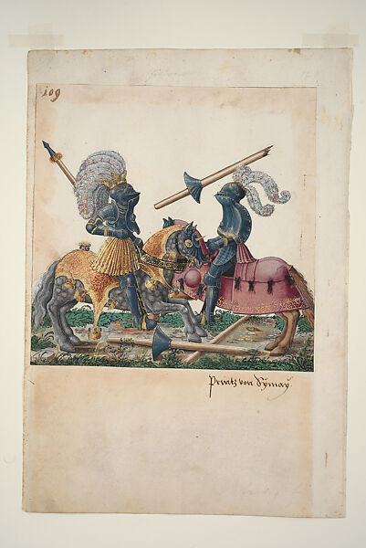 Joust of War in Field Armor Between Freydal and Charles de Croÿ, Miniature from Freydal, Gouache with gold and silver highlights over pen, pencil,
and lead point on paper, South German 