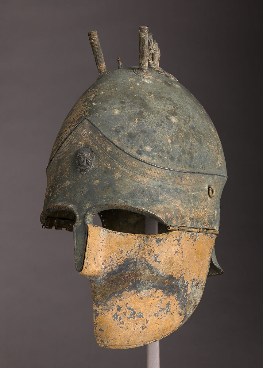 Helmet of the Italo-Chalcidian Type, Anatomical Cuirass, and Left Greave, Bronze, silver, Etruscan, probably Vulci