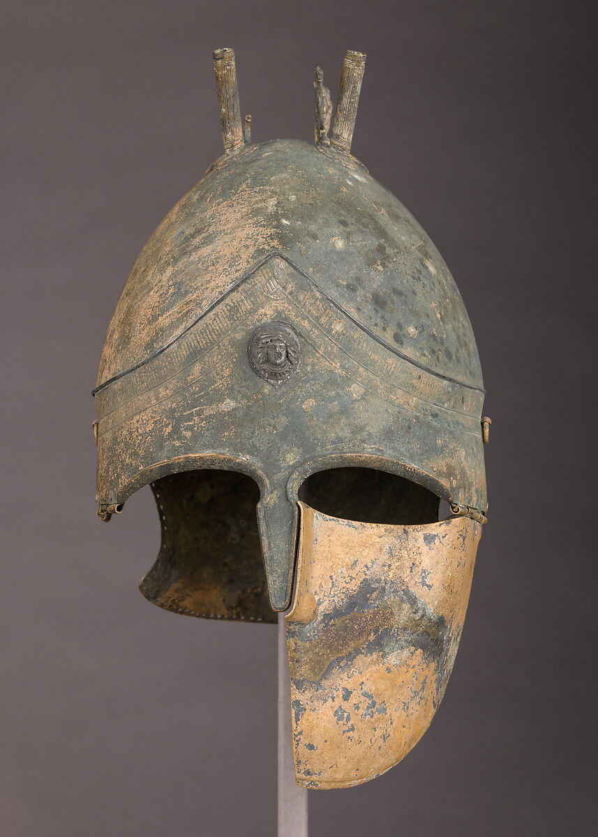 Helmet of the Italo-Chalcidian Type, Anatomical Cuirass, and Left Greave, Bronze, silver, Etruscan, probably Vulci