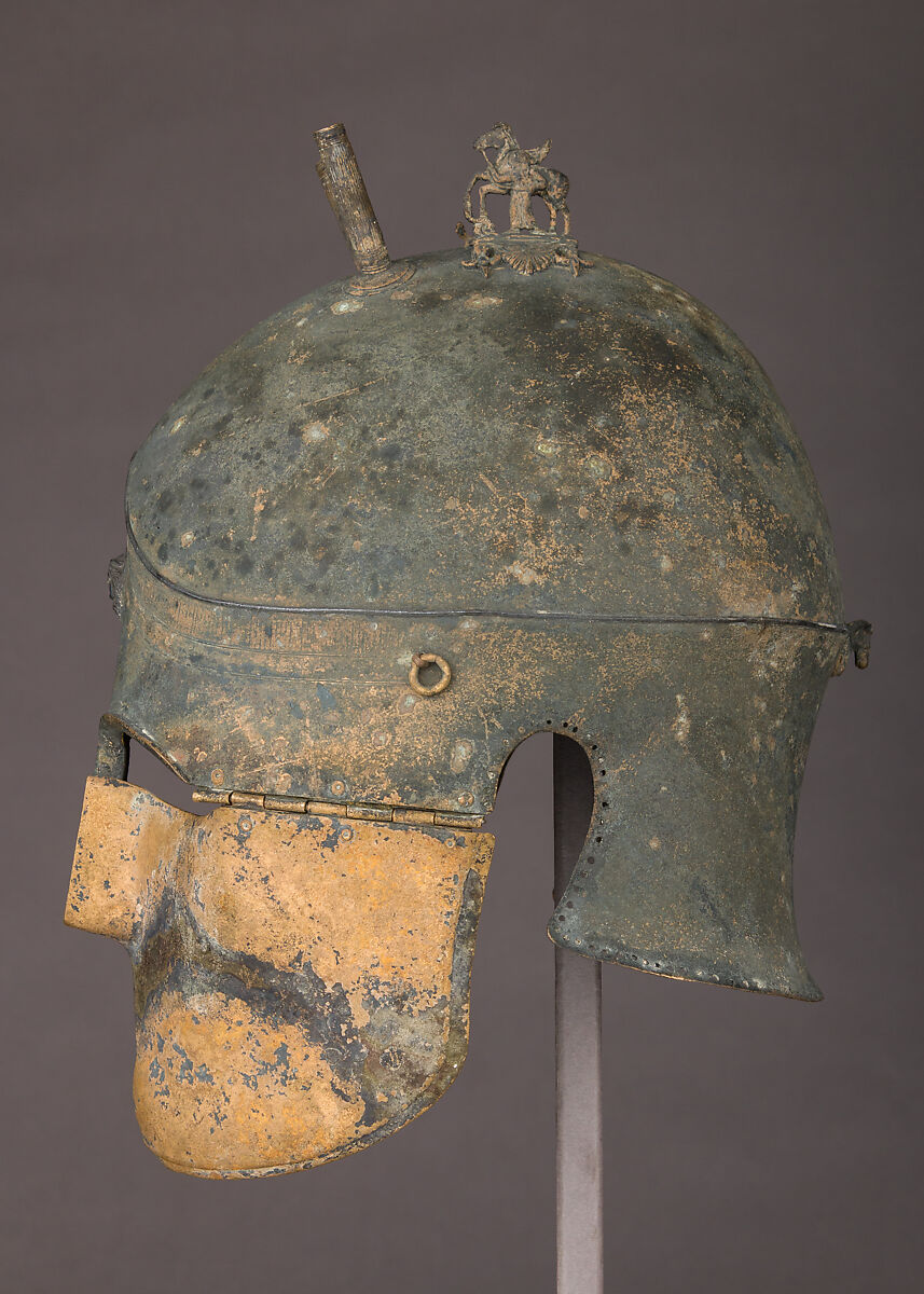 Helmet of the Italo-Chalcidian Type, Anatomical Cuirass, and Left Greave, Bronze, silver, Etruscan, probably Vulci
