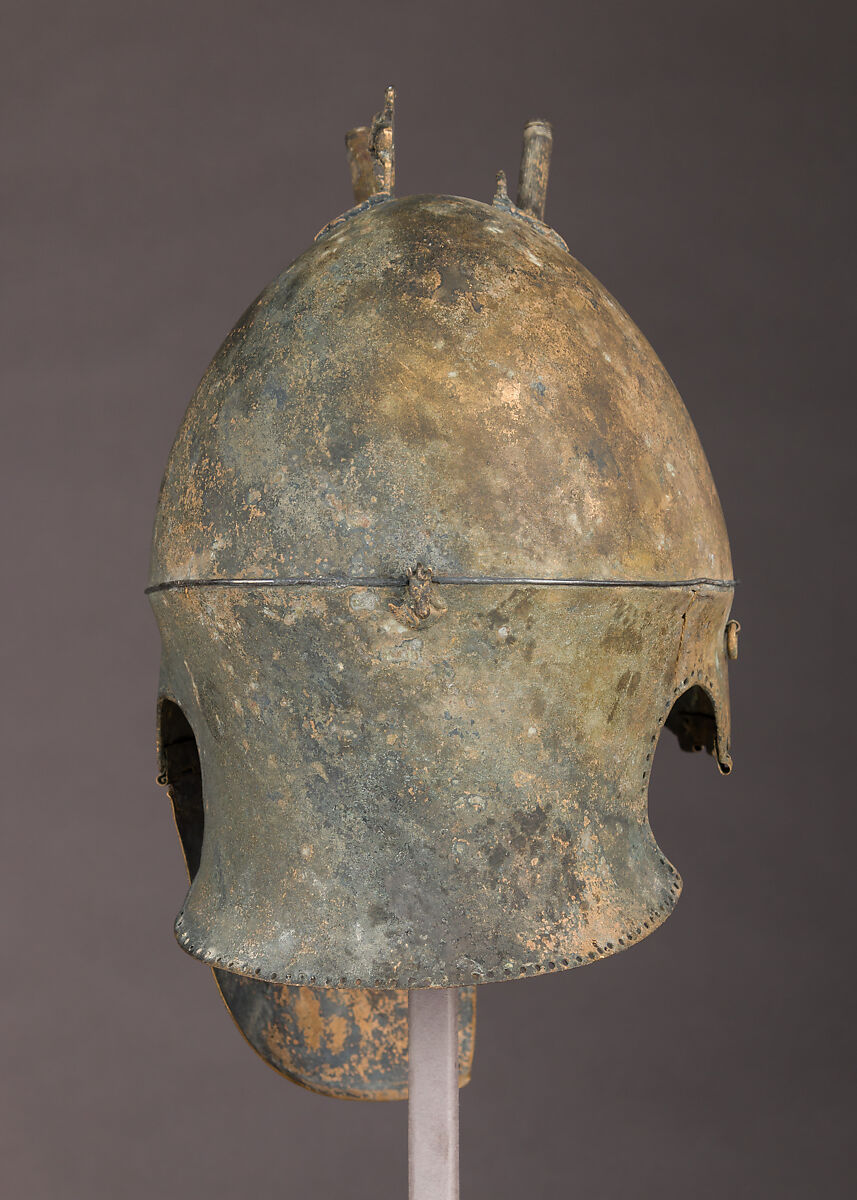 Helmet of the Italo-Chalcidian Type, Anatomical Cuirass, and Left Greave, Bronze, silver, Etruscan, probably Vulci