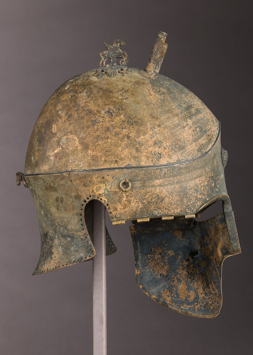 Helmet of the Italo-Chalcidian Type, Anatomical Cuirass, and Left Greave, Bronze, silver, Etruscan, probably Vulci