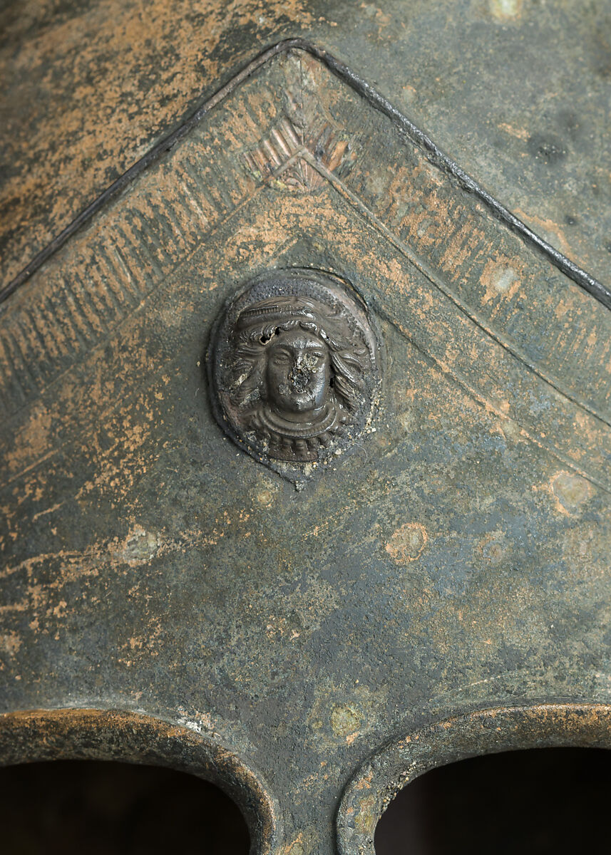 Helmet of the Italo-Chalcidian Type, Anatomical Cuirass, and Left Greave, Bronze, silver, Etruscan, probably Vulci